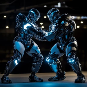 Visualize an intense battle between two humanoid robots, each po...