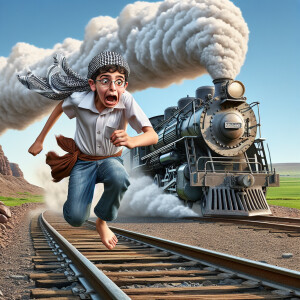 Comical caricature of a young boy running scared from a train al...