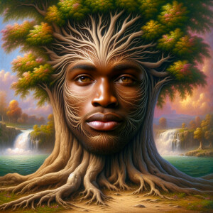 Create a hyper-realistic 3-D oil painting of a tree integrated w...