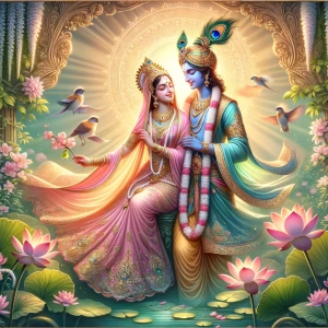 A vibrant and detailed digital painting depicting Radha and Kris...
