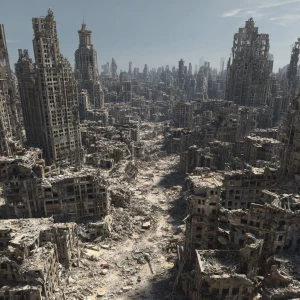 A vast, abandoned cityscape. Crumbling buildings fill the enviro...