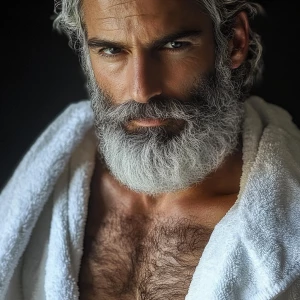 Silver man beard hairy chest white bathrobe