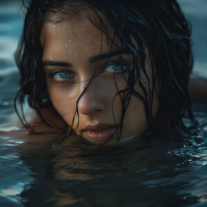 Capture the elegance of a fair-skinned woman with dark long wet...