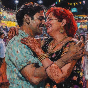 Realism art 1:1,a muscular beefy sweaty gujarati man dancing wit...