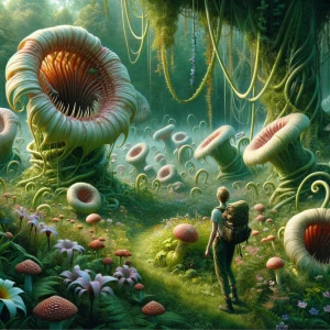 “A lush meadow overtaken by alien flora — flowers with human-lik...