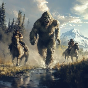 Humanoid looking sasquatch running from American Indians on hors...
