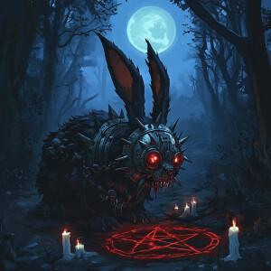 A dark and eerie digital illustration of a demonic rabbit in a m...