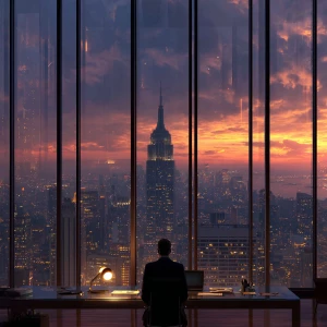 "A dramatic high-rise office scene at dusk, viewed from inside t...