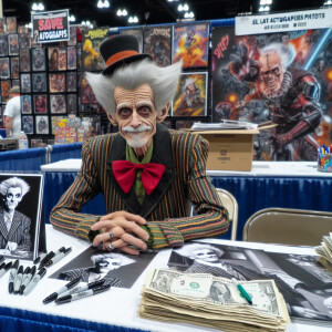 hyper realistic photo of older, gray hair, heavier Beetle Juice....