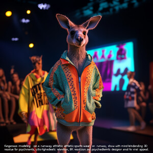 "Kangaroos modeling athletic sportswear on a runway, showcasing...