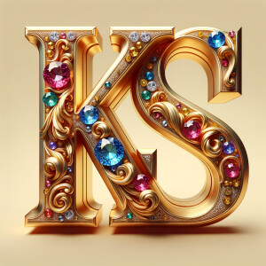 Create a 3-D realistic image with the letters  K.S. in gold raised letters , Add diamonds and colorful jewels