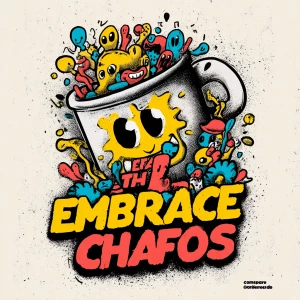 hand-drawn coffee cup tilted and overflowing, liquid morphs into...