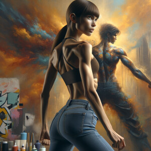 Athletic Thin skinny Attractive, Asian teenage girl, long brown hair and bangs, wearing tight skinny jeans and a halter top paint marks on her clothing, heroic pose Asian graffiti background, backside view