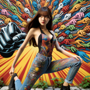 teenage girl, long brown hair and bangs, wearing tight skinny jeans and a halter top paint marks on her clothing, heroic pose Asian graffiti background, nearing on one knee