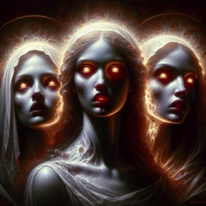 Three ghostly women, red eyes, red tears, pale skin, dark backgr...