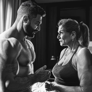 realism drawing style  .A sweaty muscular man talking with his 5...