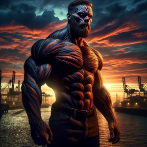 A muscular, grizzled man-pitbull hybrid, his human half exhibiti...