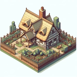 An isometric view of a medieval cottage with a thatched roof, surrounded by a small fenced garden