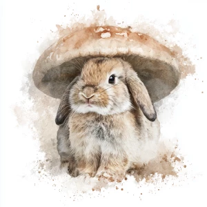 Commercial illustration fluffy rabbit under mushroom, watercolor...