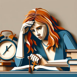 Aa stressed student who is a female ginger staring at a clock wh...