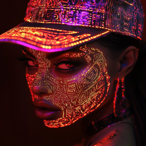 A futuristic alien female Hispanic rapper with a neon-lit backwa...