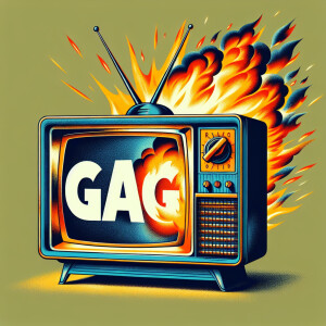 Tube TV with the word “GAG” on the screen on fire cartoon logo