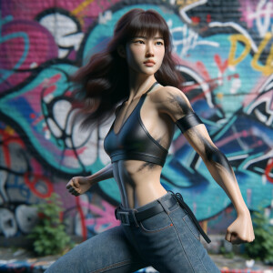 Athletic Thin skinny Attractive, Asian teenage girl, long brown hair and bangs, wearing tight skinny jeans and a halter top paint marks on her clothing, heroic pose Asian graffiti background, side view