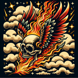 Flaming skull with wings racing in the sky towards the ground  i...