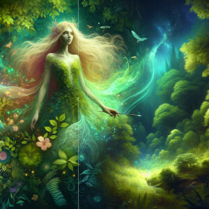 In a verdantly vibrant forest landscape, an ethereal nymph-like...