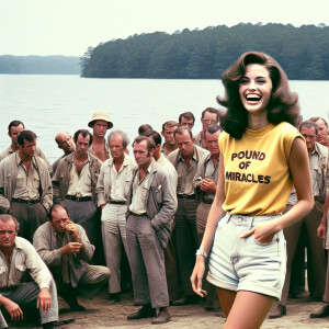 create a film snapshot from 1972 of dozens of dour men standing...