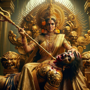 portrait of angry looking goddess durga sitting on a gold crown and carrying a weak mahishasur on her lap and stabbing him with her amazingly designed trident. She is wearing gold armor, a huge gold crown, gold saree, abundant  gold jewelry, covered in blood. The scene is set in ancient India. The image is 8K resolution, cinematic, ultra detailed face and epic.