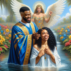 An oil painting depicting a light-skinned African-American pasto...