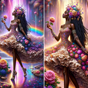 Remix Prompt
S/O Jackie Torres
S/O Panda Locke

create a animated style hyper realistic airbrush whimsical oil painting of a light African American woman wearing a flawless beautiful purple, pink, and gold blossom dress long flowing with colorful flowers and ruffles on the dress colorful jewelry made of flowers she has long black dreadlocks in a bun a colorful rose in her hair her peep toe shoes is matching her dress behind her is a beautiful waterfall liquid glowing lights beautiful colorful rainbow surrounded by beautiful roses.