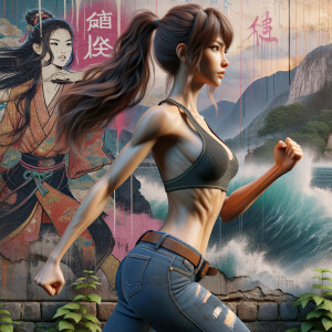 Athletic Thin skinny Attractive, Asian teenage girl, long brown hair and bangs, wearing tight skinny jeans and a halter top paint marks on her clothing, heroic pose Asian graffiti background, side view