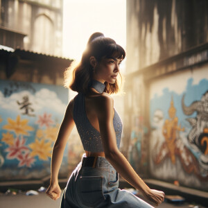 Athletic Thin skinny Attractive, Asian teenage girl, long brown hair and bangs, wearing tight skinny jeans and a halter top paint marks on her clothing, heroic pose Asian graffiti background, backside view