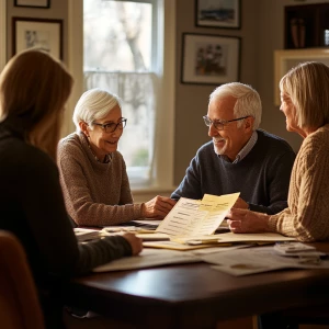 Create a cozy home scene where an elderly couple discusses their...