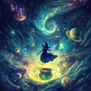 Create a 2.5D image featuring an alien witch floating above a lu...