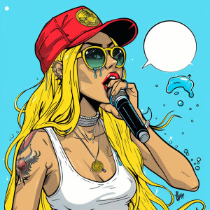 female cartoon character with yellow long hair, sunglasses, and...
