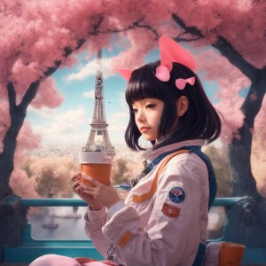 create an image of an astronaut drinking coffee with chesire cat...