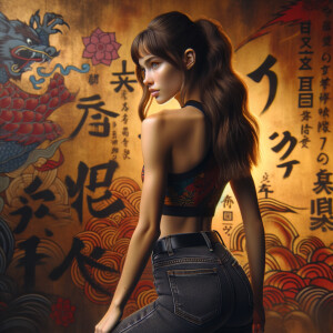 Athletic Thin skinny Attractive, Asian teenage girl, long brown hair and bangs, wearing tight skinny jeans and a halter top paint marks on her clothing, heroic pose Asian graffiti background, backside view