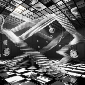 A surreal architectural scene featuring an impossible floating s...