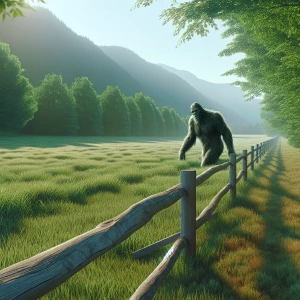 A huge green field with a long fence showing a humanoid looking hair covered sasquatch gingerly walking right over the fence