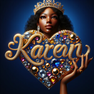 Craft a 3-D image showcasing the name 'KAREN' in a luxurious gol...