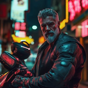 In the heart of a futuristic city, illuminated by neon reflectio...