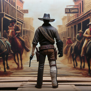 An old west cowboy standing in the middle of the road, in the m...