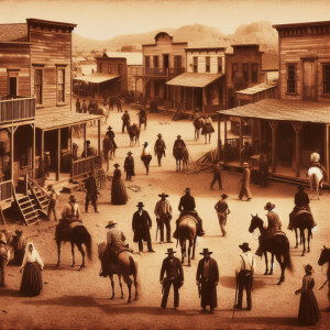 An old town in 1865 with cowboys and saloons