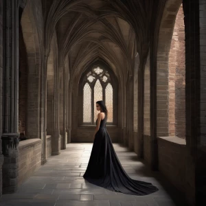 A dimly lit gothic cathedral hallway with intricate stone and we...