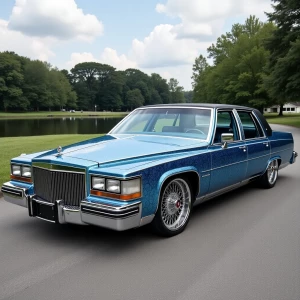 1992 Cadillac Fleetwood with blue metallic paisley print reflect...