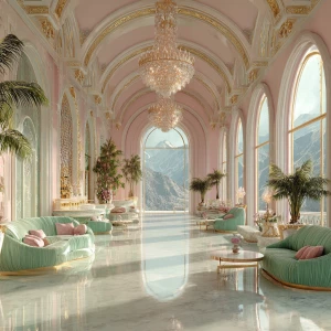 A hyperrealistic palace corridor bathed in sunlight, with pastel...