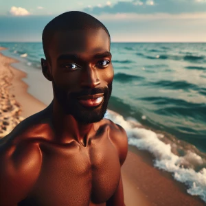 A man with a rich dark chocolate complexion strolling along the...